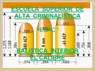 ESCUELA SUPERIOR DE
ALTA CRIMINALISTICA
“ ESAC “
BALISTICA INTERIOR
EL CALIBRE
 