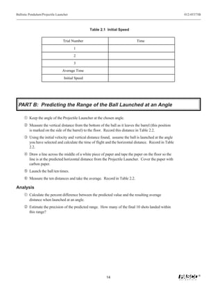 Ballistic Pendulum/Projectile Launcher                                                                     012-05375B



                                                   Table 2.1 Initial Speed


                                  Trial Number                                   Time

                                         1

                                         2

                                         3
                                  Average Time

                                   Initial Speed




 PART B: Predicting the Range of the Ball Launched at an Angle

     Œ Keep the angle of the Projectile Launcher at the chosen angle.
      Measure the vertical distance from the bottom of the ball as it leaves the barrel (this position
         is marked on the side of the barrel) to the floor. Record this distance in Table 2.2.
     Ž Using the initial velocity and vertical distance found, assume the ball is launched at the angle
         you have selected and calculate the time of flight and the horizontal distance. Record in Table
         2.2.
      Draw a line across the middle of a white piece of paper and tape the paper on the floor so the
         line is at the predicted horizontal distance from the Projectile Launcher. Cover the paper with
         carbon paper.
      Launch the ball ten times.
     ‘ Measure the ten distances and take the average. Record in Table 2.2.

Analysis
     Œ Calculate the percent difference between the predicted value and the resulting average
         distance when launched at an angle.
      Estimate the precision of the predicted range. How many of the final 10 shots landed within
         this range?




                                                                                                                   ®
                                                             14
 