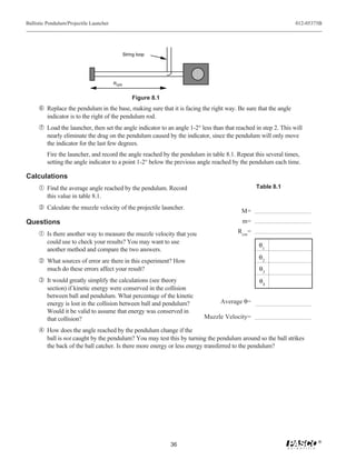 Ballistic Pendulum/Projectile Launcher                                                                          012-05375B




                                                String loop




                                         R cm


                                                    Figure 8.1
     ‘ Replace the pendulum in the base, making sure that it is facing the right way. Be sure that the angle
         indicator is to the right of the pendulum rod.
     ’ Load the launcher, then set the angle indicator to an angle 1-2° less than that reached in step 2. This will
         nearly eliminate the drag on the pendulum caused by the indicator, since the pendulum will only move
         the indicator for the last few degrees.
         Fire the launcher, and record the angle reached by the pendulum in table 8.1. Repeat this several times,
         setting the angle indicator to a point 1-2° below the previous angle reached by the pendulum each time.

Calculations
     Œ Find the average angle reached by the pendulum. Record                                  Table 8.1
         this value in table 8.1.
      Calculate the muzzle velocity of the projectile launcher.                         M=
Questions                                                                                m=
     Œ Is there another way to measure the muzzle velocity that you                     Rcm=
         could use to check your results? You may want to use
                                                                                                θ1
         another method and compare the two answers.
                                                                                                θ2
      What sources of error are there in this experiment? How
         much do these errors affect your result?                                                θ3
     Ž It would greatly simplify the calculations (see theory                                    θ4
         section) if kinetic energy were conserved in the collision
         between ball and pendulum. What percentage of the kinetic
         energy is lost in the collision between ball and pendulum?             Average θ=
         Would it be valid to assume that energy was conserved in
         that collision?                                                  Muzzle Velocity=

      How does the angle reached by the pendulum change if the
         ball is not caught by the pendulum? You may test this by turning the pendulum around so the ball strikes
         the back of the ball catcher. Is there more energy or less energy transferred to the pendulum?




                                                                                                                        ®
                                                                 36
 