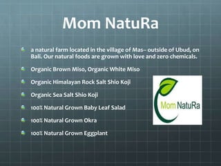 Mom NatuRa
a natural farm located in the village of Mas-- outside of Ubud, on
Bali. Our natural foods are grown with love and zero chemicals.
Organic Brown Miso, Organic White Miso
Organic Himalayan Rock Salt Shio Koji
Organic Sea Salt Shio Koji
100% Natural Grown Baby Leaf Salad
100% Natural Grown Okra
100% Natural Grown Eggplant
 