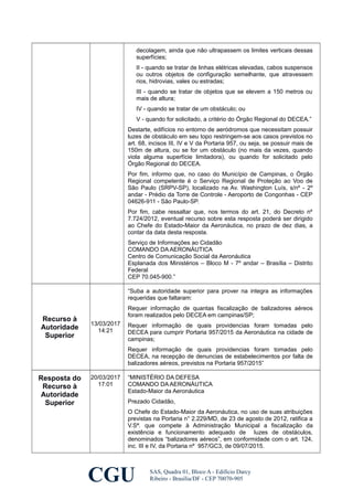 decolagem, ainda que não ultrapassem os limites verticais dessas
superfícies;
II - quando se tratar de linhas elétricas elevadas, cabos suspensos
ou outros objetos de configuração semelhante, que atravessem
rios, hidrovias, vales ou estradas;
III - quando se tratar de objetos que se elevem a 150 metros ou
mais de altura;
IV - quando se tratar de um obstáculo; ou
V - quando for solicitado, a critério do Órgão Regional do DECEA.”
Destarte, edifícios no entorno de aeródromos que necessitam possuir
luzes de obstáculo em seu topo restringem-se aos casos previstos no
art. 68, incisos III, IV e V da Portaria 957, ou seja, se possuir mais de
150m de altura, ou se for um obstáculo (no mais da vezes, quando
viola alguma superfície limitadora), ou quando for solicitado pelo
Órgão Regional do DECEA.
Por fim, informo que, no caso do Município de Campinas, o Órgão
Regional competente é o Serviço Regional de Proteção ao Voo de
São Paulo (SRPV-SP), localizado na Av. Washington Luís, s/nº - 2º
andar - Prédio da Torre de Controle - Aeroporto de Congonhas - CEP
04626-911 - São Paulo-SP.
Por fim, cabe ressaltar que, nos termos do art. 21, do Decreto nº
7.724/2012, eventual recurso sobre esta resposta poderá ser dirigido
ao Chefe do Estado-Maior da Aeronáutica, no prazo de dez dias, a
contar da data desta resposta.
Serviço de Informações ao Cidadão
COMANDO DA AERONÁUTICA
Centro de Comunicação Social da Aeronáutica
Esplanada dos Ministérios – Bloco M - 7º andar – Brasília – Distrito
Federal
CEP 70.045-900.”
Recurso à
Autoridade
Superior
13/03/2017
14:21
“Suba a autoridade superior para prover na integra as informações
requeridas que faltaram:
Requer informação de quantas fiscalização de balizadores aéreos
foram realizados pelo DECEA em campinas/SP;
Requer informação de quais providencias foram tomadas pelo
DECEA para cumprir Portaria 957/2015 da Aeronáutica na cidade de
campinas;
Requer informação de quais providencias foram tomadas pelo
DECEA, na recepção de denuncias de estabelecimentos por falta de
balizadores aéreos, previstos na Portaria 957/2015”
Resposta do
Recurso à
Autoridade
Superior
20/03/2017
17:01
“MINISTÉRIO DA DEFESA
COMANDO DA AERONÁUTICA
Estado-Maior da Aeronáutica
Prezado Cidadão,
O Chefe do Estado-Maior da Aeronáutica, no uso de suas atribuições
previstas na Portaria n° 2.229/MD, de 23 de agosto de 2012, ratifica a
V.Sª. que compete à Administração Municipal a fiscalização da
existência e funcionamento adequado de luzes de obstáculos,
denominados “balizadores aéreos”, em conformidade com o art. 124,
inc. III e IV, da Portaria nº 957/GC3, de 09/07/2015.
CGU SAS, Quadra 01, Bloco A - Edifício Darcy
Ribeiro - Brasília/DF - CEP 70070-905
 