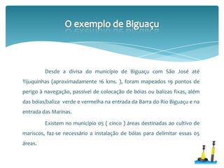 Desde a divisa do município de Biguaçu com São José até
Tijuquinhas (aproximadamente 16 kms. ), foram mapeados 19 pontos de
perigo à navegação, passível de colocação de bóias ou balizas fixas, além
das bóias/baliza verde e vermelha na entrada da Barra do Rio Biguaçu e na
entrada das Marinas.
Existem no município 05 ( cinco ) áreas destinadas ao cultivo de
mariscos, faz-se necessário a instalação de bóias para delimitar essas 05
áreas.
 