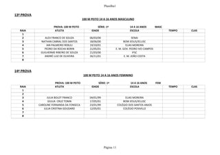 Planilha1
Página 11
13ª PROVA
100 M PEITO 14 A 16 ANOS MASCULINO
PROVA: 100 M PEITO SÉRIE: 1ª 14 A 16 ANOS MASC
RAIA ATLETA IDADE ESCOLA TEMPO CLAS
1
2 ALEX FRANCO DE SOUZA 06/03/00 SENAI
3 NATHAN CABRAL DOS SANTOS 18/06/00 BOM JESUS/IELUSC
4 IAN PALMEIRO REBULI 19/10/01 ELIAS MOREIRA
5 PEDRO DA ROCHA BORIN 21/05/01 E. M. GOV. PEDRO IVO CAMPOS
6 GUILHERME RIBEIRO DE SOUZA 21/03/00 IFSC
7 ANDRÉ LUIZ DE OLIVEIRA 26/11/01 E. M. JOÃO COSTA
8
14ª PROVA
100 M PEITO 14 A 16 ANOS FEMININO
PROVA: 100 M PEITO SÉRIE: 1ª 14 A 16 ANOS FEM
RAIA ATLETA IDADE ESCOLA TEMPO CLAS
1
2
3 JULIA BOLDT FRANCO 04/01/99 ELIAS MOREIRA
4 GIULIA CRUZ TONIN 17/05/01 BOM JESUS/IELUSC
5 CAROLINE FERNANDA DA FONSECA 23/01/99 COLÉGIO DOS SANTOS ANJOS
6 JULIA CRISTINA GOUDARD 12/05/01 COLÉGIO POSIVILLE
7
8
 