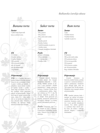Balkanska čarolija ukusa
160 g putera
160 g šećera
160 g mlevenih oraha
6 jaja
2 kašike prezli
2 kašike brašna
1 kašičica praška za pecivo
1 kašika ruma
2 štangle istopljene čokolade
Penasto umutiti žumanca
i šećer, dodati dve štangle
istopljene čokolade i orahe,
prezle, brašno, prašak za pe-
civo i rum izmešati i dodati
žumancima i ranije umućena
belanca. Umešati žicom. Peći
u podmazanom plehu, sred-
nje veličine na 175 ˚C oko 50
minuta. Ostaviti u plehu da
se ohladi. Tortu prerezati po
sredini, premazati pekmezom
od kajsija. Odozgo i sa strane
preliti čokoladnim prelivom.
Preliv: Čokoladu, ulje i vo-
du istopiti na pari i izmešati.
Umućenom čokoladom preliti
tortu. Ostaviti da se hladi do
služenja.
pekmez od kajsija
150 g čokolade
1 ½ kašika ulja
9 kašika vode
Umutiti žumanca sa
šećerom, dodati brašno, prašak
za pecivo i umućena belanca i
sipati u podmazan i brašnom
posut okrugli pleh. Peći na
180 stepeni oko 30-40 minuta.
Ohlađeno testo natopiti sokom
od pomorandže.
Fil: Samleti plazma keks i
natopiti ga sokom od pomo-
randže, dodati mlevene orahe,
umućena žumanca, puter, še-
ćer i suvo grožđe natopljeno
rumom. Sve dobro sjediniti
i u jednom sloju staviti pre-
ko testa. Sa strane i odozgo
ukrasiti šlagom i rendanom
čokoladom.
7 jaja
7 kašika šećera
7 kašika brašna
1 prašak za pecivo
4 žumanca
300 g mlevenih oraha
250 g plazma keksa
250 g suvog grožđa
250 g putera
250 g šećera u prahu
sok od pomorandže
šlag; rendana čokolada
Fill: U ½ l mleka skuvati 4
kašike brašna i 4 kašike šećera.
Ostaviti da se prohladi. Doda-
ti puter i dobro ga umutiti. U
ohlađenu masu dodati kašiku
po kašiku šećera u prahu i
malo soka od limuna. Sve do-
bro sjediniti. Kore poprskati
sokom od pomorandže. Preko
kore staviti uzduž isečene ba-
nane, zatim fil i tako ređati
dok se ne utroše sve kore. Fi-
lom ukrasiti tortu. Ostaviti u
frižideru do služenja. Tortu
ukrasiti kolutovima banane.
1 pakovanje kupovnih
kora za doboš tortu
½ l mleka
4 kašike šećera
4 kašike brašna
200 g putera
250 g šećera u prahu
sok od limuna
sok od pomorandže
1 kg banana
Rum tortaSaher tortaBanana torta
Sastav
Fil
Sastav
Preliv
Sastav
Fil
Pripremanje Pripremanje Pripremanje
 