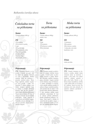 Balkanska čarolija ukusa
2 kutije piškota (400 g)
Fil: Umutiti žumanca sa še-
ćerom u prahu, dodati ranije
umućeni puter sa šećerom u
prahu i crnu kafu. Sve dobro
sjediniti, piškote umočiti u
jaku crnu kafu. Složiti u sta-
klenu činiju red piškota, red fila
i tako redom dok se ne utroše i
fil i piškote. Staviti na led. Pre
služenja celu tortu ukrasiti ul-
upanom slatkom pavlakom i
voćem iz slatka.
Ukras
slatka pavlaka
5 žumanaca
200 g putera
200 g šećera u prahu
1 šolja jake crne kafe
kandirano voće
2 kutije piškota (400g)
mleko; rum
8 jaja
250 g putera
250 g šećera u prahu
200 g čokolade
Fil: Žumanca umutiti sa polovi-
nom od ukupne količine šećera
u prahu. Umutiti puter sa preo-
stalim šećerom u prahu. Rasto-
piti čokoladu, sjediniti žumanca,
puter, čokoladu i lagano umešati
čvrsto umućen sneg od belanaca.
U mleko, pomešano sa rumom,
ovlaš natopiti piškote poređati ih
jednuuz drugu,uputerompodma-
zanu posudu tako da zidovi i dno
posude budu obloženi piškotama.
U tako naređane piškote nasuti
prethodno pripremljen fil koji
se odozgo prekrije piškotama,
takođe natopljenim mlekom i ru-
mom. Tortu staviti u frižider ili
zamrzivač da se dobro stegne, a
kad je očvrsnula izvaditi je na ta-
njir i pre služenja ukrasiti šlagom.
Fil: Žumanca umutiti sa še-
ćerom i kuvati na pari dok
se masa ne zgusne. Skloniti
sa vatre i prohladiti. Dodati
umućen sneg od belanaca i
penasto umućen puter. Masu
blago sjediniti, dodati isecka-
no suvo grožđe i orahe. Sve
izmešati. U mlako mleko i rum
(kafu) natapati piškote, koje
se ređaju u posudu obloženu
folijom, tako da dno posude i
zidovi budu obloženi piškotama.
Nasuti pripremljeni fil koji se
odozgo prekrije sa preostalim
piškotama. Tortu ostaviti u
zamrzivaču da se dobro stegne.
Nekoliko sati pre služenja, izva-
diti je iz posude, skinuti foliju i
ukrasiti šlagom.
2 kutije piškota (400 g)
250 g putera
250 g šećera u prahu
6 jaja
200 g čokolade
200 g seckanih oraha
50 g suvog grožđa
2 kutije piškota
2 kesice šlaga
rum ili kafa; mleko
Torta
sa piškotama
Moka torta
sa piškotama
Čokoladna torta
sa piškotama
Sastav
Pripremanje
Fil
Sastav
Pripremanje
Fil
Sastav
Pripremanje
Fil
 