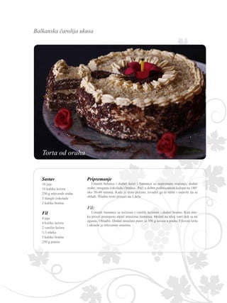 Balkanska čarolija ukusa
Sastav
10 jaja
10 kašika šećera
250 g mlevenih oraha
3 štangle čokolade
2 kašike brašna
Fil
4 jaja
4 kašike šećera
2 vanilin šećera
½ l mleka
3 kašike brašna
250 g putera
Pripremanje
Umutiti belanca i dodati šećer i žumanca uz neprestano mućenje, dodati
orahe, struganu čokoladu i brašno. Peći u dobro podmazanom kalupu na 180°
oko 30-40 minuta. Kada je testo pečeno, izvaditi ga iz rerne i ostaviti da se
ohladi. Hladno testo preseći na 3 dela.
Fil:
Umutiti žumanca sa šećerom i vanilin šećerom i dodati brašno. Kad mle-
ko provri postepeno sipati umućena žumanca. Mešati na tihoj vatri dok se ne
zgusne. Ohladiti. Dodati umućeni puter sa 100 g šećera u prahu. Filovati tortu
i ukrasiti je mlevenim orasima.
Torta od oraha
 