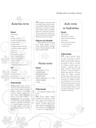 Balkanska čarolija ukusa
Tamna kora: Dobro umutiti
žumanca i šećer, dodati mlevene
orahe, brašno, kakao, čokoladu,
prašak za pecivo i sve dobro
sjediniti. Dodati ulupana be-
lanca. Sipati u dobro podmazan
kalup za tortu i peći na 200˚C.
Tamna kora
6 jaja
6 kašika šećera
6 kašika mlevenih oraha
2 kašike brašna
2 kašike kakaa
1 štangla rendane čokolade
½ kašičice praška za pecivo
Fil: Žumanca i cela jaja umutiti
sa 6 kašika šećera, kuvati na pari.
Kad se ohladi, dodati 250 g putera,
umućenog sa šećerom u prahu.
Kadsuobekoregotoveiohlađene,
tamnu koru prerezati po sredini i
filovati, zatim staviti svetlu koru i
nju filovati odozgo. Na kraju drugi
deo tamne kore staviti odozgo.
100 g čokolade staviti na paru
da se rastopi zajedno sa 50 g
putera. Dobro sjediniti čokoladu
i puter. Vrućom glazurom preliti
tortu i ukrasiti po želji.
5 žumanaca
2 cela jaja
6 kašika šećera
250 g putera
6 kašika šećera u prahu
Svetla kora: U ulupana belan-
ca dodati šećer u prahu, seckane
orahe, suvo grožđe, brašno, ulje
i ½ kašičice praška za pecivo.
1 kutija piškota 210 g
3 kisele pavlake
100 g šećera u prahu
2 vanilin šećera
500 g zamrznutih ili svežih
malina ili jagoda
2 šlaga
Suve piškote poređati na dnu
činije.
Fil: Žicom lagano umutiti
pavlaku, šećer u prahu i vanilin
šećer. Staviti preko piškota, za-
tim poređati voće i ponovo red
piškota. Umućeni šlag staviti
preko piškota i preostalo voće.
Tortu držati 24 h u frižideru da
se stegne i da se može lepo seći.
Svetla kora
5 belanaca
200 g šećera u prahu
150 g seckanih oraha
500 g suvog grožđa
4 kašike brašna
2 kašike ulja
½ kašičice praška za pecivo
Sve dobro sjediniti, sipati u do-
bro podmazan kalup i peći na
200˚C.
250 g putera
280 g šećera u prahu
280 g mlevenih badema
6 žumanaca
400 g keksa petit beurre
½ l kisele pavlake
1 vanilin šećer
Fil: Kiselu pavlaku kuvati
na vatri ili na pari sa vanilin
šećerom i mešati dok ne provri.
Nakon toga je skinuti sa šporeta
pa mešati sve dok se ne ohla-
di. Posebno umutiti puter sa
šećerom i dodavati jedno po
jedno žumance. Potom dodati
oljuštene i mlevene bademe i
nakon toga dodavati u tu masu
kašiku po kašiku umućene
pavlake, dok se obe mase ne sje-
dine. Na tanjir slagati red keksa
(ovlaženog u mlakom mleku),
pa red fila dok se sve ne utroši.
Odozgo premazati filom i posuti
mlevenim bademom i slatkim
od belih trešanja. Držati 2-3 sata
na sobnoj temperaturi a zatim u
frižideru do služenja.
Keks torta
sa bademima
Voćna torta
Katarina torta
Sastav Sastav
Fil Sastav
Glazura od čokolade
Pripremanje
Pripremanje
Pripremanje
 