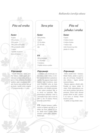 Balkanska čarolija ukusa
250 g brašna
2 jajeta
2,5 dl mleka
2,5 dl vode
ulje
U dubljem sudu umutiti jaja, za-
tim brašno, vodu i mleko, sve do-
bro izmešati da bude ujednačeno
i glatko. Na zagrejan tiganj sipati
kašičicu ulja i kutlačom sipati
testo. Palačinke treba da budu
što tanje. U pečenu poluhladnu
palačinku uviti štanglu čokolade
i tako redom postupati dok se
ne utroše sve palačinke. Tako
pripremljene palačinke rešati u
vatrostalnu činiju i peći u rerni na
200° C, oko 10 minuta. Pečene
palačinke preliti filom.
Fil: Izmešati žumanca i mleko,
mešati na laganoj vatri dok se ne
dobije lep krem, skloniti sa va-
tre, dodati šećer u prahu, dobro
izmešati i preliti preko palačinki.
Služiti toplo.
Sastav
Pripremanje
200 g čokolade
1,5 dl mleka
3 žumanca
2 kašike šećera u prahu
Fil
4 jajeta
4 šoljice šećera
4 šoljice brašna
3 šoljice ulja
malo limunovog soka
jabuke ili višnje
Dobro umutiti šećer i žumanca.
Dodati brašno, prašak za pecivo,
ulje, sok od limuna. Smanjiti br-
zinu miksera i lagano umešati
umućena belanca.
Masnim papirom obložiti pleh.
Poređati po njemu jabuke ili
višnje. Preliti pripremljenom ma-
som, staviti u pećnicu i peći dok ne
porumeni. Pečeni kolač okrenuti
gornjim delom na dole i postavi-
ti na tacnu za služenje. Posuti
šećerom u prahu.
U jabuke se mogu dodati i orasi.
Sastav
Pripremanje
4 jajeta
250 g šećera
250 g griza
100 g mlevenih oraha
100 g seckanih oraha
1 jogurt
1 prašak za pecivo
kora od limuna
Sastav
Umutiti žumanca i šećer, pose-
bno belanca, dodati jogurt, griz i
mleveneiseckaneorahe,prašakza
pecivoikoruodlimuna.Svedobro
sjediniti, sipati u podmazan pleh i
peći. Kad je testo pečeno, iseći ga
na kocke i preliti vrelim sirupom
(75 g šećera skuvati u ½ l vode).
Pripremanje
Suva pita Pita od
jabuka i oraha
Pita od oraha
 