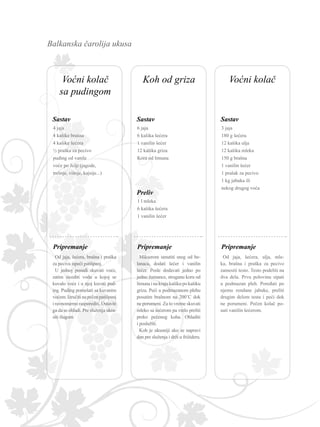 Balkanska čarolija ukusa
Pripremanje
Sastav
3 jaja
180 g šećera
12 kašika ulja
12 kašika mleka
150 g brašna
1 vanilin šećer
1 prašak za pecivo
1 kg jabuka ili
nekog drugog voća
Od jaja, šećera, ulja, mle-
ka, brašna i praška za pecivo
zamesiti testo. Testo podeliti na
dva dela. Prvu polovinu sipati
u podmazan pleh. Poređati po
njemu rendane jabuke, preliti
drugim delom testa i peći dok
ne porumeni. Pečen kolač po-
suti vanilin šećerom.
4 jaja
4 kašike brašna
4 kašike šećera
½ praška za pecivo
puding od vanile
voće po želji (jagode,
trešnje, višnje, kajsije...)
Od jaja, šećera, brašna i praška
za peciva ispeći patišpanj.
U jednoj posudi skuvati voće,
zatim iscediti vodu u kojoj se
kuvalo voće i u njoj kuvati pud-
ing. Puding pomešati sa kuvanim
voćem.Izručitinapečenpatišpanj
i ravnomerno rasporediti. Ostaviti
ga da se ohladi. Pre služenja ukra-
siti šlagom
Sastav
Pripremanje
6 jaja
6 kašika šećera
1 vanilin šećer
12 kašika griza
Kora od limuna
Mikserom umutiti sneg od be-
lanaca, dodati šećer i vanilin
šećer. Posle dodavati jedno po
jedno žumance, struganu koru od
limunainakrajukašikupokašiku
griza. Peći u podmazanom plehu
posutim brašnom na 200˚C dok
ne porumeni. Za to vreme skuvati
mleko sa šećerom pa vrelo preliti
preko pečenog koha. Ohladiti
i poslužiti.
Koh je ukusniji ako se napravi
dan pre služenja i drži u frižideru.
Sastav
Pripremanje
1 l mleka
6 kašika šećera
1 vanilin šećer
Preliv
Koh od griza Voćni kolačVoćni kolač
sa pudingom
 