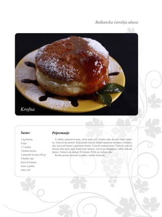 Balkanska čarolija ukusa
Sastav Pripremanje
U mleko zamesiti kvasac, šećer malo soli i brašno tako da testo bude meka-
no. Ostaviti da naraste. Kad kvasac naraste dodati umućena žumanca i belanca,
ulje, koru od limuna i preostalo brašno. Umesiti mekano testo. Ostaviti testo da
naraste (oko pola sata). Kada testo naraste, razviti ga oklagijom, vaditi čašicom
loptice. Ostaviti da odstoji 20 minuta. Pržiti na vrelom ulju.
Krofne posuti šećerom u prahu i vanilin šećerom.
1 kg brašna
4 jaja
½ l mleka
3 kašike šećera
1 pekarski kvasac (40 g)
4 kašike ulja
kora od limuna
šećer u prahu
malo soli
Krofna
 
