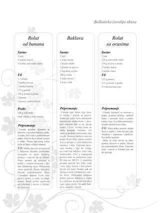 Balkanska čarolija ukusa
1 jaje
250 g mlevenih oraha
250 g šećera u prahu
2 kašike kakaa
2 kašike ruma
Sastav
Umutiti žumance sa šećerom u
prahu, posebno belance, sjediniti
orahe i preostali šećer u prahu,
kakaoirum.Svedobropromešatii
izraditi rukama koru rolata.
Fil: Puter dobro umutiti, dodati
šećer u prahu i tvrdo kuvana jaja,
ohlađena i ispasirana viljuškom.
Sve dobro sjediniti.
Masu za rolat razviti na dasci
posutoj šećerom u prahu, filovati
ga pripremljenim filom, formirati
rolat i ostaviti u frižideru par sati
do služenja.
Pripremanje
125 g putera
125 g šećera u prahu
2 tvrdo kuvana jaja
Fil
6 jaja
6 kašika šećera
6 kašika mlevenih oraha
Sastav
Umutiti posebno žumanca sa
šećerom, a posebno belanca, doda-
ti orahe. Peći rolat u podmazanom
plehu. Ostaviti da se ohladi zavijen
u rolnu. (Širina ispečenog rolata
treba da bude veličine banane)
Fil: Mleko skuvati sa šećerom
i brašnom (brašno prethodno
razmutiti sa malo hladnog
mleka) i ostaviti da se ohladi.
Puter umutiti sa šećerom u
prahu i vanilin šećerom i do-
dati ohlađenoj masi. Mikserom
masu sjediniti. Rolat razvijati,
filovati pripremljenim filom
i poređati banane. Uviti rolat
prvo s jedne, a onda sa druge
strane. Rolat preliti prelivom
od čokolade i staviti u frižider
do služenja.
Pripremanje
Fil
½ l mleka
5 kašika šećera
7 kašika brašna
125 g putera
100 g šećera u prahu
2 banane
1 kesica vanilin šećera
Preliv
100 g čokolade
malo mleka i malo putera
3 jaja
1 šolja šećera
1 kiselo mleko
1 prašak za pecivo
½ kg kora za pitu
200 g oraha
2 šolje šećera
2 šolje vode
Sastav
Umutiti jaja, šećer, ulje, kise-
lo mleko i prašak za pecivo.
Jednu po jednu koru premazati
umućenom mešavinom i posi-
pati orasima dok se ne utroše
nadev i kore. Gornju koru ne
treba posipati orasima, već
samo poprskati mešavinom ulja
i vode. Složenu baklavu iseći na
kocke ili po želji, oštrim nožem
koji se potapa u vrelu mešavinu
maslaca i ulja. Zagrejati preo-
stali maslac i ulje do vrenja,
pa svaki rez baklave zaliti tom
mešavinom. Peći u zagrejanoj
pećnici dok ne porumeni (oko
20 min na 200˚C). U posebnu
posudu skuvati dve šolje vode
i dve šolje šećera i kad provri
kuvati još malo. Dodati sok od
limuna (može i kolutiće) i vani-
lin šećer. Dobijenim sirupom
preliti pečenu baklavu i vratiti
je u pećnicu da na sasvim tihoj
vatri upije preliv. Izvaditi bak-
lavu, ohladiti i služiti.
Pripremanje
Baklava Rolat
sa orasima
Rolat
od banana
 