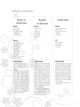 Balkanska čarolija ukusa
Sastav
Pripremanje
250 g mlevenih oraha
250 g šećera
sok od jednog limuna
1 belance
malo mleka
Fil
250 g čokolade
100 g putera
100 g šećera
1 žumance
Od mlevenih oraha, šećera, soka
od limuna, belanaca i malo mleka
zamesiti testo. Rastanjiti testo na
debljinuodpolacentimetraimalim
okruglim kalupom vaditi kolačiće
pa ih peći na 150° C dvadese-
tak minuta. Tople kolačiće ma-
zatipekmezomodkajsijailinekim
drugim kiselkastim pekmezom i
sastavljati po dva. Kad se ohlade
uvaljati u fil, koji je prethodno
skuvan na pari, a onda u zaslađene
mlevene orahe.
Ovi kolači mogu da stoje i po ne-
koliko meseci.
1 kg krompira
1 jaje
1 žumance
50 g putera
400 g brašna
80 g griza
prezle
so
Krompirsakoromskuvati.Kadje
krompir skuvan i još vruć oljuštiti
pa ga i propasirati. U krompir do-
dati jaje, žumace, puter, malo soli,
brašno i griz. Zamesiti testo, pa ga
iseći na manje jufke. Te jufke ras-
tanjiti na debljinu 1 cm te na svaku
staviti po jednu šljivu, kojoj se pre-
thodnomožeizvaditikoštica.Šljivu
obmotati testom, poprašiti dlanove
testom, pa svaku knedlu staviti na
dasku posutu brašnom. U veću
šerpu sa kipućom vodom spustiti
knedle, a kad isplivaju na površinu
znači da su skuvane. Vaditi knedle
iprelitiihproprženimmrvicamana
ulju i posuti šećerom.
Knedlenekadtrebaipodgrejati.U
veći sud naliti vode kada proključa,
sud sa knedlama spustiti u vodu.
Dobrogapoklopitiidržatitakodok
se knedle sasvim ne zagreju.
Sastav
Pripremanje
200 g brašna
100 g putera
30 g šećera u prahu
1 žumance
1 kašika soli
Od brašna, putera, šećera u
prahu, žumanceta, malo soli i
vode, zamesiti fino prhko testo.
Prekriveno, ostaviti dva sata u
frižideru.
Smesa: Penasto umutiti puter
i šećer u prahu, dodavati jedno po
jedno žumance, lešnike, oraščiće,
cimet, klinčić, koru od limuna,
ranije umućeni sneg od belanaca
sa šećerom u prahu. Iseckane
orahe, smokve, urme pomešati sa
brašnom i sve to umešati u masu.
Podmazati duguljastu tepsiju, po-
suti brašnom, tanko razviti testo
i obložiti tepsiju, usuti smesu i
izravnati.Pećina200˚C,okojedan
sat. Pečen kolač izvaditi iz tepsije
i ostaviti da se potpuno ohladi.
Kolač je pogodan za doručak ili
popodnevni čaj za goste.
Sastav
Pripremanje
120 g putera
100 g šećera u prahu
8 žumanaca
100 g lešnika
4 belanaca
100 g oraha
100 g smokava
100 g urmi
50 g brašna
oraščić, cimet, klinčić
kora od limuna
Smesa
Knedle
sa šljivama
Češki kolačKolač sa
smokvama
 