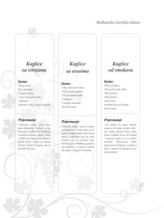Balkanska čarolija ukusa
200 g smokava
100 g mlevenih oraha
100 g šećera
100 g putera
malo ruma
rendana kora od limuna
kristal šećer
Na mašini za meso samleti
smokve dva puta, dodati mlev-
ene orahe, kristal šećer, malo
ruma, rendanu koru od limuna
i umućen puter te sve dobro
izmešati. Kašičicom vaditi
masu, praviti kuglice, uvaljati u
šećer i potom ih stavljati u pa-
pirne korpice.
Sastav
Pripremanje
150 g mlevenih oraha
150 g šećera u prahu
150 g krupnih oraha
3 belanca
2 štangle čokolade
sok od limuna
Umesiti orahe i šećer u prahu
sa belancima i malo soka od li-
muna. Krupne orahe izmrviti na
dasci, a čokoladu iseći na sitne
kockice. Sve to izmešati, nap-
raviti kuglice, umakati u glazuru
od čokolade i uvaljati u smesu
od oraha i strugane čokolade.
Pripremanje
Sastav
100 g šećera
50 g čokolade
3 kašike kakaa
150 g mlevenih oraha
1 belance
očišćene višnje (prema potrebi)
Zamesite orahe, šećer, stru-
ganu čokoladu i kakao sa be-
lancetom. Vaditi testo kašikom,
rastanjiti na dlanu, staviti višnju
i oblikovati kuglicu pa uvijati u
kristal šećer i ređati na masnu
hartiju. Ostaviti kuglice da se
prosuše 24 časa.
Sastav
Pripremanje
Kuglice
sa orasima
Kuglice
od smokava
Kuglice
sa višnjama
 