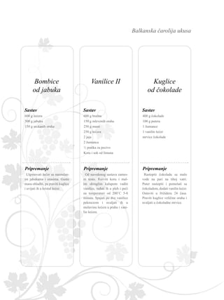 Balkanska čarolija ukusa
600 g brašna
150 g mlevenih oraha
250 g masti
250 g šećera
2 jaja
2 žumanca
½ praška za pecivo
Kora i sok od limuna
Od navedenog sastava zames-
iti testo. Razviti koru i mal-
im okruglim kalupom vaditi
vanilice, ređati ih u pleh i peći
na temperaturi od 200˚C 5-8
minuta. Spajati po dve vanilice
pekmezom i uvaljati ih u
mešavinu šećera u prahu i vani-
lin šećera.
Sastav
Pripremanje
400 g čokolade
100 g putera
1 žumance
1 vanilin šećer
mrvice čokolade
Rastopiti čokoladu sa malo
vode na pari na tihoj vatri.
Puter rastopiti i pomešati sa
čokoladom, dodati vanilin šećer.
Ostaviti u frižideru 24 časa.
Praviti kuglice veličine oraha i
uvaljati u čokoladne mrvice.
Sastav
Pripremanje
600 g šećera
500 g jabuka
150 g seckanih oraha
Ušpinovati šećer sa narendan-
im jabukama i orasima. Gustu
masu ohladiti, pa praviti kuglice
i uvijati ih u kristal šećer.
Sastav
Pripremanje
Vanilice II Kuglice
od čokolade
Bombice
od jabuka
 