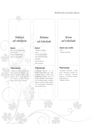 Balkanska čarolija ukusa
3 štangle čokolade
2 jaja
250 g šećera u prahu
250 g mlevenih oraha
karanfilić
kora od limuna
100 g badema
Čokoladu skuvati sa tri
kašike vode, dodati jaja, šećer
u prahu, mlevene orahe, malo
karanfilića, strugane kore od
limuna i ljušteni i sečeni badem,
sve to mešati rukom, formirati
salamu i uvijati u šećer u prahu.
Uviti u beli papir i ostaviti da se
suši nekoliko dana.
Sastav
Pripremanje
250 g mlevenih smokava
250 g šećera
250 g seckanih oraha
250 g suvog grožđa
Ušpinovati šećer sa pola šolje
vode, skinuti sa šporeta i do-
dati mu smokve, orahe i suvo
grožđe. Od te mase napraviti
dve veknice i uvijati u kristal
šećer. Ostaviti da se prosuše.
Sastav
Pripremanje
1 jaje
1 štangla čokolade
Rastopiti čokoladu u malo
vode. Odvojeno umutiti be-
lance i žumance, pomešati
žumance i čokoladu, pažljivo
dodati belance.
Ohladiti i služiti.
Sastav (po osobi)
Pripremanje
Salama
od čokolade
Krem
od čokolade
Veknice
od smokava
 