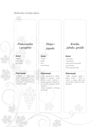 Balkanska čarolija ukusa
Sastav
Pripremanje
½ kg jabuka
½ kg krušaka
veliki grozd crnog grožđa
sok od limuna
100 g iseckanih oraha
Orahe, oljuštene jabuke i
kruške iseckati i staviti u
činijice, a odozgo ređati cela
zrna grožđa. Poprskati sokom
od limuna.
Sastav
Pripremanje
grejpfrut
pomorandže
belo grožđe
Grejpfrut i pomorandže
oljuštiti oštrim nožem, staviti u
činijice, odozgo ukrasiti zrnima
belog grožđa i preliti kašičicom
vinjaka ili konjaka.
Sastav
Pripremanje
1 dinja
jagode
šećer
sok od limuna
Dinju prepoloviti po dužini,
očistiti od semenki i svaku
polovinu puniti očišćenim i
opranim jagodama. Odozgo po-
suti šećerom i poprskati sokom
od limuna.
Dobro rashladiti u frižideru
do služenja.
Dinja i
jagoda
Kruške,
jabuke, grožđe
Pomorandža
i grejpfrut
 