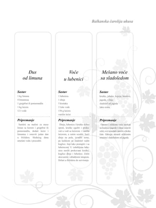 Balkanska čarolija ukusa
Sastav
Pripremanje
1 lubenica
1 dinja
5 krušaka
2 čaše vode
150 g šećera
vanilin šećer
Dinju, lubenicu i kruške dobro
oprati, kruške oguliti i proku-
vati u vodi sa šećerom i vanilin
šećerom, a zatim ocediti. Iseći
dinju na pola, izvaditi seme,
pa kašikom za sladoled vaditi
kuglice. Isto tako postupiti i sa
lubenicom. U izdubljenu lube-
nicu staviti prokuvane kruške,
kuglice dinje i lubenice. Zaliti
ukuvanim i ohlađenim sirupom.
Držati u frižideru do serviranja.
1 kg limuna
4 limuntusa
1 grejpfrut ili pomorandža
1 kg šećera
12 l vode
Sastav
Pripremanje
Samleti na mašini za meso
limun sa korom i grejpfrut ili
pomorandžu, dodati šećer i
limuntus i ostaviti jedan dan
u frižideru. Sledećeg dana
umešati vodu i procediti.
Sastav
Pripremanje
kruške, jabuke, kajsije, breskve,
jagode, višnje
sladoled od jagoda
šaka oraha
Oprano i očišćeno voće iseckati
na kockice (jagode i višnje ostaviti
cele), sve izmešati i staviti u široke
čaše. Odozgo ukrasiti očišćenim
orasima i sladoledom od jagoda.
Voće
u lubenici
Mešano voće
sa sladoledom
Đus
od limuna
 