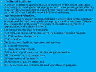  (f) Clinical Facilities:
 A written contract or agreement shall be executed by the parent institution
conducting the nu...