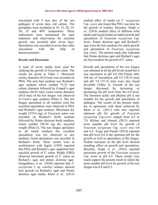 Int.J.Curr.Microbiol.App.Sci (2018) Special Issue-6: 2005-2011
2007
inoculated with 5 mm disc of the test
pathogen of seven days old culture. The
petriplates were incubated at 10, 15, 20, 25,
30, 35 and 40ºC temperature. Three
replications were maintained for each
treatment and observation for mycelial
growth was recorded after seven days.
Sporulation was recorded at seven days after
inoculation with the help of
haemocytometer.
Results and Discussion
A total of seven media were used for
studying the growth of Fusarium udum. The
results are given in Table 1. Maximum
colony diameter (82.0 mm) was recorded on
PDA. The next best medium was Richard’s
agar medium which yielded 79.33 mm
colony diameter followed by Czapek’s agar
medium (56.83 mm). Least colony diameter
(45.0 mm) of the test fungus was observed
in Coon’s agar medium (Plate-1). The test
fungus sporulated in all medium tried but
excellent sporulation were observed in PDA
and Richard’s agar medium. Maximum dry
weight (375.0 mg) of Fusarium udum was
recorded on Richard’s broth medium
followed by Potato dextrose broth medium,
which yielded 348.30 mg dry mycelial
weight (Plate-2). The test fungus sporulates
in all tested medium but excellent
sporulation was not observed in any
medium. Good sporulation was recorded in
Richard’s broth. These results were in
confirmation with Ingole (1995) reported
that PDA and Richard’s agar supported best
mycelial growth of F. udum. Reddy (2002)
observed maximum growth of F. udum on
Richard’s agar and potato dextrose agar.
Gangadhara, et al., (2010) reported that F.
oxysporum f. sp. vanillae isolates showed
best growth on Richard’s agar and Potato
dextrose agar media. Khan et al., (2011)
studied effect of media on F. oxysporum
f.sp. ciceri and found that PDA was best for
the growth of isolates. Recently, Singh et
al., (2016) studied effect of different solid
media and liquid media on radial growth and
sporulation of Fusarium oxysporum f.sp.
lentis. Potato dextrose agar and Richard’s
agar were the best medium for radial growth
and sporutation of Fusarium oxysporum
f.sp. lentis. The present study also indicated
that Potato dextrose agar and Richard’s agar
are best medium for growth of F. udum.
Growth and sporulation of the test fungus
was obtained at all the pH levels tested but it
was maximum at pH 6.0 (84.33mm) after
168 hrs of inoculation. pH 6.5 (78.33 mm)
and pH 7.0 (75.16 mm) were also found
favorable (Table 2). Growth of the test
fungus decreased by increasing or
decreasing the pH level from the 6.0 level.
The foremost acidic and alkaline pH is not
suitable for the growth and sporulation of
pathogen. The results of the present study
are in agreement with those achieved by
Khan et al., (2011) who also reported
optimum pH for growth of Fusarium
oxysporum f.sp.ciceri ranged from 6.5 to
7.0. Khilare and Ahmed, (2012) reported
most suitable pH level for growth of
Fusarium oxysporum f.sp. ciceri was 6.0
and 6.5. Tyagi and Paudel (2014) reported
that pH level 6.0 is the optimum pH for the
growth as well as sporulation of the fungus.
Further increases in the pH level showed
retarding effect on growth and sporulation.
Recently, Singh et al., (2016) reported
maximum growth of the Fusarium oxyspon
f.sp. lentis at pH 6.5. There results very
much support the present result in which the
most suitable pH level for growth of the test
fungus was 6.0 and 6.5.
 