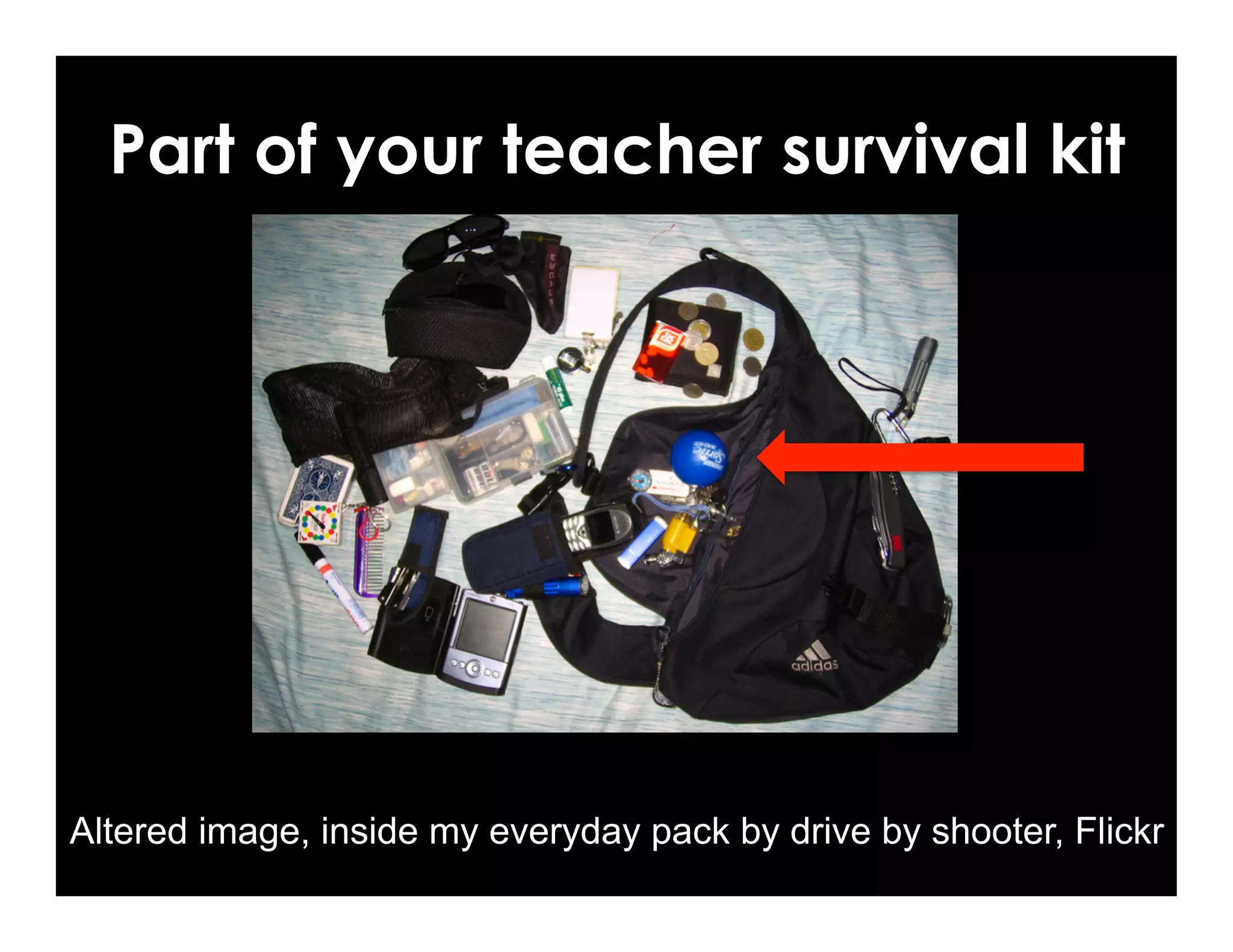 Part of your teacher survival kit
Altered image, inside my everyday pack by drive by shooter, Flickr
 