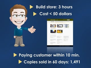 Build store: 3 hours
          Cost < 50 dollars




Paying customer within 10 min.
  Copies sold in 60 days: 1,491
 