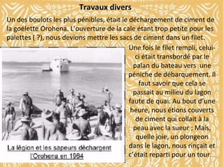 Travaux divers
Un des boulots les plus pénibles, était le déchargement de ciment de
la goélette Orohena. L’ouverture de la cale étant trop petite pour les
palettes ( ?), nous devions mettre les sacs de ciment dans un filet.
Une fois le filet rempli, celuici était transbordé par le
palan du bateau vers une
péniche de débarquement. Il
faut savoir que cela se
passait au milieu du lagon
faute de quai. Au bout d’une
heure, nous étions couverts
de ciment qui collait à la
peau avec la sueur ; Mais,
quelle joie, un plongeon
dans le lagon, nous rinçait et
c’était reparti pour un tour…

 