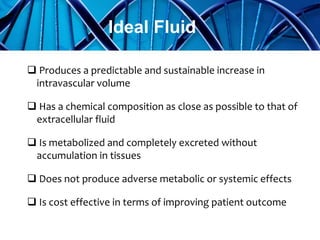  Produces a predictable and sustainable increase in
intravascular volume
 Has a chemical composition as close as possible to that of
extracellular fluid
 Is metabolized and completely excreted without
accumulation in tissues
 Does not produce adverse metabolic or systemic effects
 Is cost effective in terms of improving patient outcome
Ideal Fluid
 