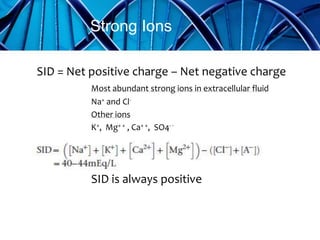 SID = Net positive charge – Net negative charge
Most abundant strong ions in extracellular fluid
Na+ and Cl-
Other ions
K+, Mg+ + , Ca+ +, SO4- -
SID is always positive
Strong Ions
 