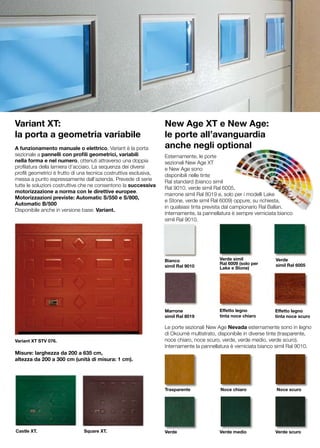 Variant XT:                                                         New Age XT e New Age:
la porta a geometria variabile                                      le porte all’avanguardia
A funzionamento manuale o elettrico, Variant è la porta             anche negli optional
sezionale a pannelli con profili geometrici, variabili              Esternamente, le porte
nella forma e nel numero, ottenuti attraverso una doppia            sezionali New Age XT
profilatura della lamiera d’acciaio. La sequenza dei diversi        e New Age sono
profili geometrici è frutto di una tecnica costruttiva esclusiva,   disponibili nelle tinte
messa a punto espressamente dall’azienda. Prevede di serie          Ral standard (bianco simil
tutte le soluzioni costruttive che ne consentono la successiva
                                                                    Ral 9010, verde simil Ral 6005,
motorizzazione a norma con le direttive europee.
                                                                    marrone simil Ral 8019 e, solo per i modelli Lake
Motorizzazioni previste: Automatic S/550 e S/800,
                                                                    e Stone, verde simil Ral 6009) oppure, su richiesta,
Automatic B/500
                                                                    in qualsiasi tinta prevista dal campionario Ral Ballan.
Disponibile anche in versione base: Variant.
                                                                    Internamente, la pannellatura è sempre verniciata bianco
                                                                    simil Ral 9010.




                                                                    Bianco                  Verde simil              Verde
                                                                                            Ral 6009 (solo per       simil Ral 6005
                                                                    simil Ral 9010          Lake e Stone)




                                                                    Marrone                 Effetto legno           Effetto legno
                                                                    simil Ral 8019          tinta noce chiaro       tinta noce scuro

                                                                    Le porte sezionali New Age Nevada esternamente sono in legno
                                                                    di Okoumè multistrato, disponibile in diverse tinte (trasparente,
Variant XT STV 076.                                                 noce chiaro, noce scuro, verde, verde medio, verde scuro).
                                                                    Internamente la pannellatura è verniciata bianco simil Ral 9010.
Misure: larghezza da 200 a 635 cm,
altezza da 200 a 300 cm (unità di misura: 1 cm).




                                                                    Trasparente             Noce chiaro              Noce scuro




Castle XT.                     Square XT.                           Verde                   Verde medio              Verde scuro
 