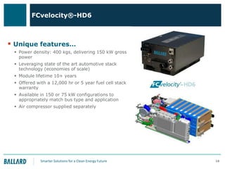 FCvelocity®-HD6

 Unique features…
 Power density: 400 kgs, delivering 150 kW gross
power
 Leveraging state of the art automotive stack
technology (economies of scale)
 Module lifetime 10+ years
 Offered with a 12,000 hr or 5 year fuel cell stack
warranty
 Available in 150 or 75 kW configurations to
appropriately match bus type and application
 Air compressor supplied separately

Smarter Solutions for a Clean Energy Future

10

 