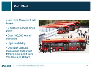 Oslo Fleet

• Van Hool 13 meter 3 axle
buses
• 5 buses In service since
2012
• Over 100,000 kms of
operation
• High availability
• Operator Unibuss
maintaining buses with
telephonic support from
Van Hool and Ballard

Smarter Solutions for a Clean Energy Future

15

 