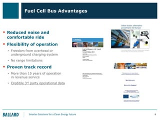 Fuel Cell Bus Advantages

 Reduced noise and
comfortable ride

 Flexibility of operation
• Freedom from overhead or
underground charging system
• No range limitations

 Proven track record
• More than 15 years of operation
in revenue service
• Credible 3rd party operational data

Smarter Solutions for a Clean Energy Future

8

 