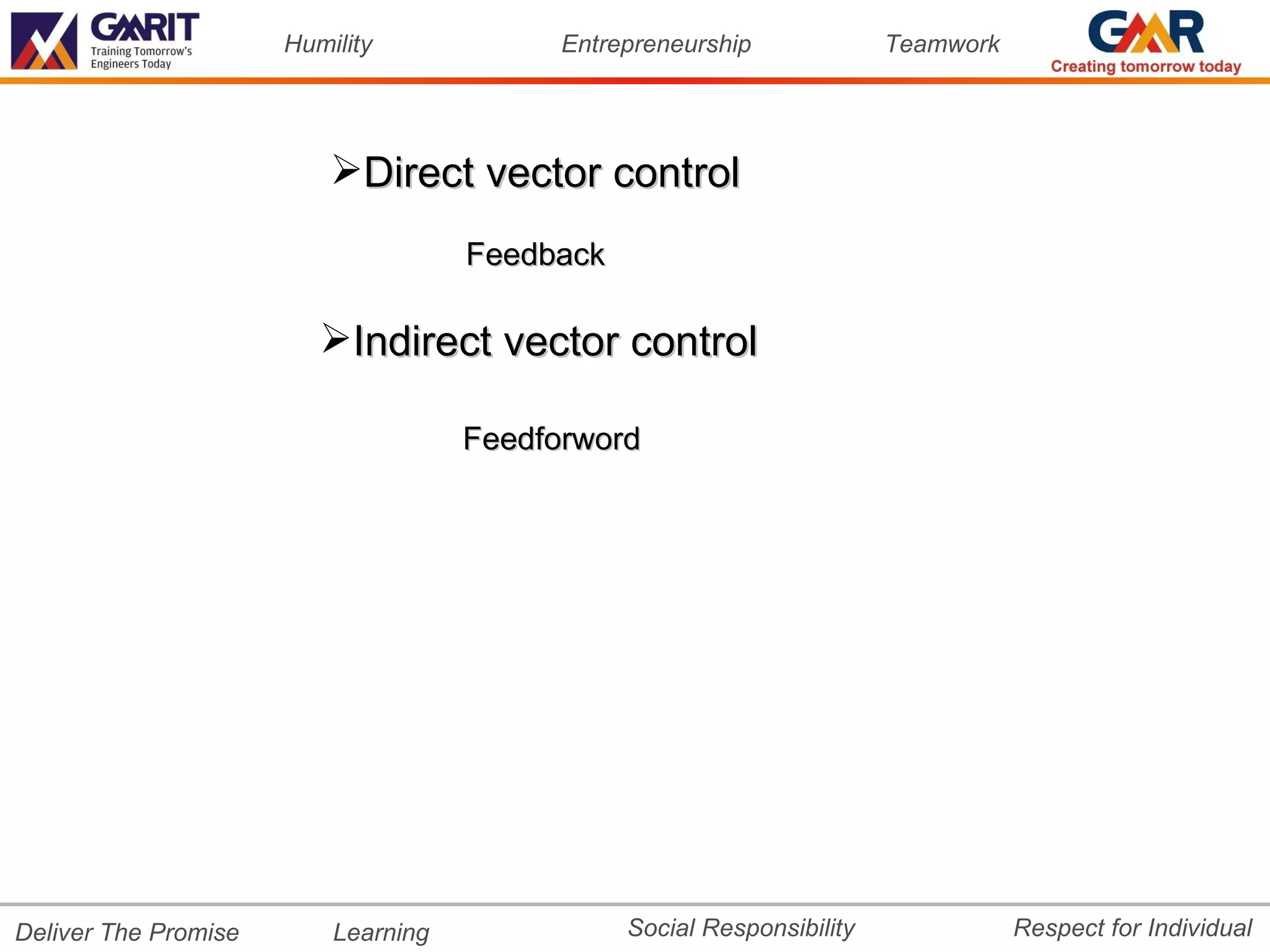 Humility             Entrepreneurship             Teamwork




                          Direct vector control
                                     Feedback

                         Indirect vector control

                                     Feedforword




Deliver The Promise       Learning              Social Responsibility              Respect for Individual
 