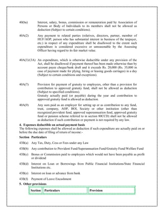 40(ba) Interest, salary, bonus, commission or remuneration paid by Association of
Persons or Body of Individuals to its members shall not be allowed as
deduction (Subject to certain conditions).
40A(2) Any payment to related parties (relatives, directors, partner, member of
HUF/AOP, person who has substantial interest in business of the taxpayer,
etc.) in respect of any expenditure shall be disallowed to the extent such
expenditure is considered excessive or unreasonable by the Assessing
Officer having regard to its fair market value.
40A(3)/(3A) An expenditure, which is otherwise deductible under any provision of the
Act, shall be disallowed if payment thereof has been made otherwise than by
account payee cheque/bank draft and it exceeds Rs. 20,000 (Rs. 35,000 in
case of payment made for plying, hiring or leasing goods carriages) in a day
(Subject to certain conditions and exceptions).
40A(7) Provision for payment of gratuity to employees, other than a provision for
contribution to approved gratuity fund, shall not be allowed as deduction
(Subject to specified conditions).
Gratuity actually paid (or payable) during the year and contribution to
approved gratuity fund is allowed as deduction.
40A(9) Any sum paid as an employer for setting up or as contribution to any fund,
trust, company, AOP, BOI, Society or other institution (other than
recognized provident fund, approved superannuation fund, approved gratuity
fund or pension scheme referred to in section 80CCD) shall not be allowed
as deduction if such contribution or payment is not required by any law.
4. Expenses deductible on actual payment basis
The following expenses shall be allowed as deduction if such expenditure are actually paid on or
before the due date of filing of return of income:-
Section Particulars
43B(a) Any Tax, Duty, Cess or Fees under any Law
43B(b) Any contribution to Provident Fund/Superannuation Fund/Gratuity Fund/Welfare Fund
43B(c) Bonus or Commission paid to employees which would not have been payable as profit
or dividend
43B(d) Interest on Loan or Borrowings from Public Financial Institutions/State Financial
Institutions etc.
43B(e) Interest on loan or advance from bank
43B(f) Payment of Leave Encashment
5. Other provisions
Section Particulars Provision
 