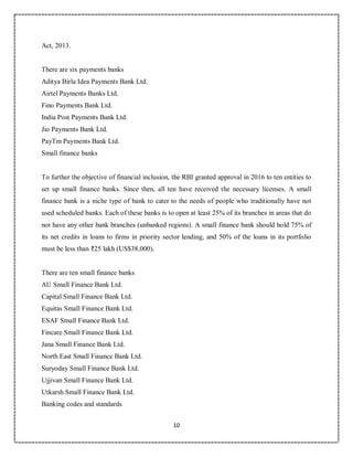 10
8
Act, 2013.
There are six payments banks
Aditya Birla Idea Payments Bank Ltd.
Airtel Payments Banks Ltd.
Fino Payments Bank Ltd.
India Post Payments Bank Ltd.
Jio Payments Bank Ltd.
PayTm Payments Bank Ltd.
Small finance banks
To further the objective of financial inclusion, the RBI granted approval in 2016 to ten entities to
set up small finance banks. Since then, all ten have received the necessary licenses. A small
finance bank is a niche type of bank to cater to the needs of people who traditionally have not
used scheduled banks. Each of these banks is to open at least 25% of its branches in areas that do
not have any other bank branches (unbanked regions). A small finance bank should hold 75% of
its net credits in loans to firms in priority sector lending, and 50% of the loans in its portfolio
must be less than ₹25 lakh (US$38,000).
There are ten small finance banks
AU Small Finance Bank Ltd.
Capital Small Finance Bank Ltd.
Equitas Small Finance Bank Ltd.
ESAF Small Finance Bank Ltd.
Fincare Small Finance Bank Ltd.
Jana Small Finance Bank Ltd.
North East Small Finance Bank Ltd.
Suryoday Small Finance Bank Ltd.
Ujjivan Small Finance Bank Ltd.
Utkarsh Small Finance Bank Ltd.
Banking codes and standards
 