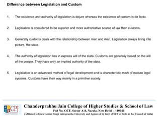 Chanderprabhu Jain College of Higher Studies & School of Law
Plot No. OCF, Sector A-8, Narela, New Delhi – 110040
(Affiliated to Guru Gobind Singh Indraprastha University and Approved by Govt of NCT of Delhi & Bar Council of India)
Difference between Legislation and Custom
1. The existence and authority of legislation is dejure whereas the existence of custom is de facto.
2. Legislation is considered to be superior and more authoritative source of law than customs.
3. Generally customs deals with the relationship between man and man. Legislation always bring into
picture, the state.
4. The authority of legislation lies in express will of the state. Customs are generally based on the will
of the people. They have only an implied authority of the state.
5. Legislation is an advanced method of legal development and is characteristic mark of mature legal
systems. Customs have their way mainly in a primitive society.
 