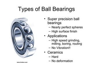 Types of Ball Bearings
• Super precision ball
bearings
– Nearly perfect spheres
– High surface finish
• Applications
– High speed grinding,
milling, boring, routing
– No Vibration!!
• Ceramics
– Hard
– No deformationwww.timken.com
 