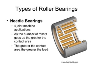 Types of Roller Bearings
• Needle Bearings
– 4 joint machine
applications
– As the number of rollers
goes up the greater the
contact area
– The greater the contact
area the greater the load
www.clworldwide.com
 