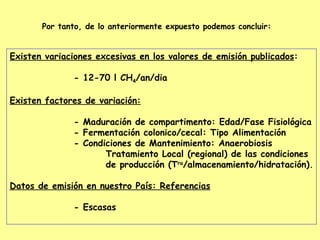 Por tanto, de lo anteriormente expuesto podemos concluir:


Existen variaciones excesivas en los valores de emisión publicados:

              - 12-70 l CH4/an/dia

Existen factores de variación:

              - Maduración de compartimento: Edad/Fase Fisiológica
              - Fermentación colonico/cecal: Tipo Alimentación
              - Condiciones de Mantenimiento: Anaerobiosis
                     Tratamiento Local (regional) de las condiciones
                     de producción (Tra/almacenamiento/hidratación).

Datos de emisión en nuestro País: Referencias

              - Escasas
 