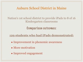 Auburn School District in Maine

Nation's 1st school district to provide iPads to 8 of 16
               Kindergarten classrooms

               Comparison outcomes:

 129 students who had iPads demonstrated:

  • Improvement in phonemic awareness
  • More motivation
  • Improved engagement
 