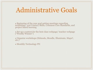Administrative Goals
• Beginning of the year goal setting meetings regarding
technology, 21st Century Skills, Common Core Standards, and
project based learning

• Set up a contest for the best class webpage/ teacher webpage
(“Weebly Winner”)

• Organize workshops (Edmodo, Moodle, Illuminate, Maps?,
etc.)
• Monthly Technology PD
 