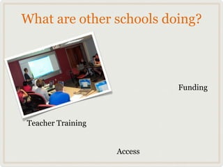What are other schools doing?



                            Funding



Teacher Training


                   Access
 