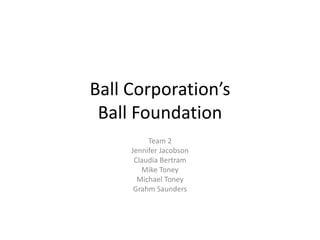 Ball Corporation’s
Ball Foundation
Team 2
Jennifer Jacobson
Claudia Bertram
Mike Toney
Michael Toney
Grahm Saunders
 