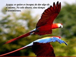 AvaroAvaro:: es quien es incapaz de dar algo dees quien es incapaz de dar algo de
si mismo. No solo dinero, sino tiemposi mismo. No solo dinero, sino tiempo
y sentimientos.y sentimientos.
 