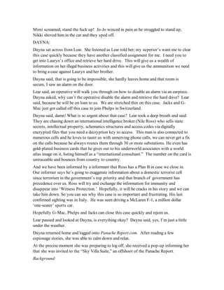 Mimi screamed, stand the fuck up! Jo-Jo winced in pain as he struggled to stand up,
Nikki shoved him in the car and they sped off.
DAYNA:
Dayna sat across from Lear. She listened as Lear told her; my superior’s want me to clear
this case quickly because they have another classified assignment for me. I need you to
get into Lauryn’s office and retrieve her hard drive. This will give us a wealth of
information on her illegal business activities and this will give us the ammunition we need
to bring a case against Lauryn and her brother.
Dayna said, that is going to be impossible, she hardly leaves home and that room is
secure, I saw an alarm on the door.
Lear said, an operative will walk you through on how to disable an alarm via an earpiece.
Dayna asked, why can’t the operative disable the alarm and retrieve the hard drive? Lear
said, because he will be on loan to us. We are stretched thin on this case. Jacks and G-
Mac just got called off this case to join Phelps in Switzerland.
Dayna said, damn! What is so urgent about that case? Lear took a deep breath and said:
They are chasing down an international intelligence broker (Nile Ross) who sells state
secrets, intellectual property, schematics structures and access codes via digitally
encrypted files that you need a decryption key to access. This man is also connected to
numerous cells and he loves to taunt us with unnerving phone calls, we can never get a fix
on the calls because he always routes them through 30 or more substations. He even has
gold-plated business cards that he gives out to his underworld associates with a world
atlas image on it, listing himself as a “international consultant.” The number on the card is
untraceable and bounces from country to country.
And we have been informed by a informant that Ross has a Plan B in case we close in.
Our informer says he’s going to exaggerate information about a domestic terrorist cell
since terrorism in the government’s top priority and that branch of government has
precedence over us. Ross will try and exchange the information for immunity and
disappear into ‘Witness Protection.’ Hopefully, it will be cracks in his story and we can
take him down. So you can see why this case is so important and frustrating. His last
confirmed sighting was in Italy. He was seen driving a McLaren F-1, a million dollar
‘one-seater’ sports car.
Hopefully G-Mac, Phelps and Jacks can close this case quickly and rejoin us.
Lear paused and looked at Dayna, is everything okay? Dayna said, yes, I’m just a little
under the weather.
Dayna returned home and logged onto Panache Report.com. After reading a few
espionage stories, she was able to calm down and relax.
At the precise moment she was preparing to log off, she received a pop-up informing her
that she was invited to the “Sky Villa Suite,” an offshoot of the Panache Report.
Background:
 