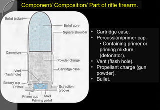 Component/ Composition/ Part of rifle firearm.
• Cartridge case.
• Percussion/primer cap.
• Containing primer or
priming mixture
(detonator).
• Vent (flash hole).
• Propellant charge (gun
powder).
• Bullet.
 