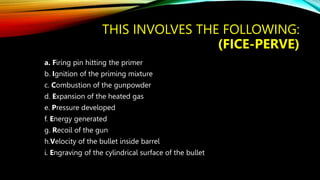 THIS INVOLVES THE FOLLOWING:
(FICE-PERVE)
a. Firing pin hitting the primer
b. Ignition of the priming mixture
c. Combustion of the gunpowder
d. Expansion of the heated gas
e. Pressure developed
f. Energy generated
g. Recoil of the gun
h.Velocity of the bullet inside barrel
i. Engraving of the cylindrical surface of the bullet
 