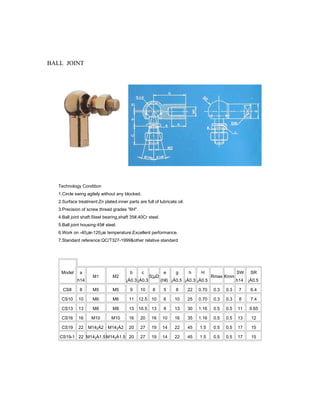 BALL JOINT
Technology Condition
1.Circle swing agilely without any blocked.
2.Surface treatment:Zn plated.inner parts are full of lubricate oil.
3.Precision of screw thread grades "6H".
4.Ball joint shaft:Steel bearing,shaft 35#,40Cr steel.
5.Ball joint housing:45# steel.
6.Work on -40¡æ-120¡æ temperature.Excellent performance.
7.Standard reference:QC/T327-1999&other relative standard
Model a
h14
M1 M2
b
¡À0.3
c
¡À0.3
S¦µD
e
(hll)
g
¡À0.5
h
¡À0.3
H
¡À0.5
Rmax Kmin
SW
h14
SR
¡À0.5
CS8 8 M5 M5 9 10 8 5 8 22 0.70 0.3 0.3 7 6.4
CS10 10 M6 M6 11 12.5 10 6 10 25 0.70 0.3 0.3 8 7.4
CS13 13 M8 M8 13 16.5 13 8 13 30 1.16 0.5 0.5 11 9.65
CS16 16 M10 M10 16 20 16 10 16 35 1.16 0.5 0.5 13 12
CS19 22 M14¡Á2 M14¡Á2 20 27 19 14 22 45 1.5 0.5 0.5 17 15
CS19-1 22 M14¡Á1.5 M14¡Á1.5 20 27 19 14 22 45 1.5 0.5 0.5 17 15
 