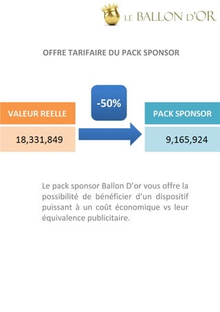 LE   BALLON d’OR

OFFRE TARIFAIRE DU PACK SPONSOR




               -50%
                50%




Le pack sponsor Ballon D’or vous offre la
possibilité de bénéficier d’un dispositif
puissant à un coût économique vs leur
équivalence publicitaire
             publicitaire.
 