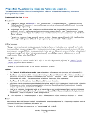 Proposition 33, Automobile Insurance Persistency Discounts
Title: Changes Law to Allow Auto Insurance Companies to Set Prices Based on a Driver's History of Insurance
Coverage. Initiative Statute.

Recommended action: Watch
Background:
         Proposition 33 is similar to Proposition 17, which was on the June 8, 2010 ballot. Proposition 17 was narrowly defeated.
          Unlike Proposition 17, Proposition 33 exempts soldiers and those who have been unemployed for 18 months from paying
          more after a lapse in persistency.
         If Proposition 33 is approved, it will allow insurers to offer discounts to new customers who can prove they were
          continuously covered by any licensed auto insurance company over the previous five years. These discounts are known as
          "persistency discounts" or "loyalty discounts" and under current California law, insurance companies can only offer them to
          existing customers.
         The fight over Proposition 33, and automobile insurance persistency discounts in general, began in 1988, when Proposition
          103 was approved. Proposition 103 forbids the type of persistency discounts that #11-0013 would allow.




   "Changes current law to permit insurance companies to set prices based on whether the driver previously carried auto
Official Summary


   insurance with any insurance company. Allows insurance companies to give proportional discounts to drivers with some
   prior insurance coverage. Will allow insurance companies to increase cost of insurance to drivers who have not maintained
   continuous coverage. Treats drivers with lapse as continuously covered if lapse is due to military service or loss of
   employment, or if lapse is less than 90 days."
Fiscal impact
   (This is a summary of the initiative's estimated "fiscal impact on state and local government" prepared by the California Legislative
   Analyst's Office and the Director of Finance.)

   "Probably no significant fiscal effect on state insurance premium tax revenues."
Support
      The California Republican Party voted to endorse the measure at their annual state convention, held in February 2012.
      Don Perata, former California State Senate president pro tempore.. He says, "This initiative does what most states have done
       successfully and allows the consumer to control the discount. This is not a party issue. This is a fairness question, and as a
       legislator and policymaker, I always supported the portability of this discount. It just makes sense."
      Juan Vargas (D-San Diego), former Chair of the Assembly Insurance Committee.
      Californians with car insurance earn a discount for following the law. But if you switch companies you lose the discount. Proposition
       33 allows you the freedom to change insurance companies and keep your discount. Proposition 33 makes insurance companies
       compete, helps lower rates, and will insure more drivers.
      Vote Yes on Proposition 33 because you should get the discount that you have earned, regardless of which insurance company you
       pick. If you are active military, Proposition 33 says you keep your discount. That’s why our military families, led by the American
       GI Forum and Veterans of Foreign Wars, say Yes on Proposition 33.

         Under Proposition 33, if you are unemployed for up to 18 months because of layoff or furlough, you still qualify for a discount.

Donors
   George Joseph, who chairs insurance company Mercury General, is the dominant donor to the Proposition 33 campaign. Joseph, a
   billionaire, was the 385th richest man in American in 2011.
   These are the $10,000 and over donors to the "yes" campaign as of July 14, 2012:

                                                    Southwest California Legislative Council
                                                                  July, 2012
 